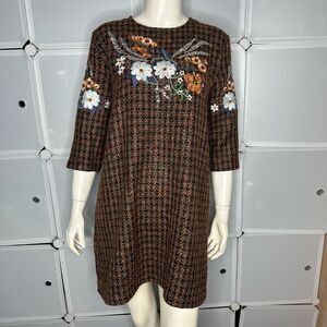 Zara Brown Orange Tweed Floral Shift Dress Size Large